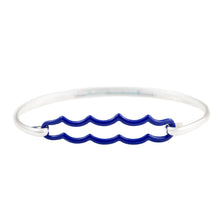 Load image into Gallery viewer, the beach and back best selling wave bangle bracelet now in marine blue double wave motif with silver bangle on white background