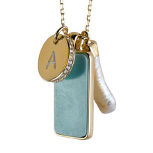 Load image into Gallery viewer, mantoloking charm necklace with semi-precious turquoise pendant freshwater stick pearl and disc charm with inital A