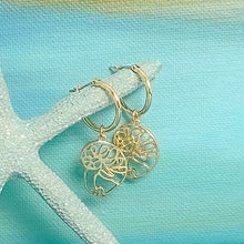 Load image into Gallery viewer, ocracoke natica shell drop hoop earring on teal painted background with light teal sea startbabe0004-gold