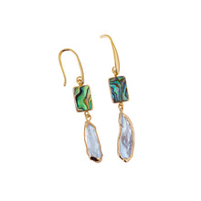 Load image into Gallery viewer, ocean springs rectangular abalone shell and organic freshwater pearl drop earrings