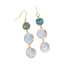 Load image into Gallery viewer, ocean springs triple abalone and coin pearl linear earrings
