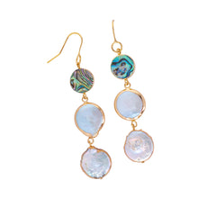 Load image into Gallery viewer, ocean springs triple abalone and coin pearl linear earrings