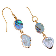 Load image into Gallery viewer, ocean springs oval abalone shell and organic freshwater pearl earrings