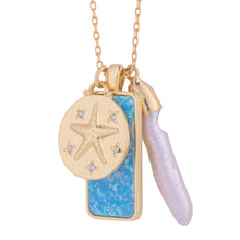 Load image into Gallery viewer, mantoloking charm necklace with blue opal pendant freshwater stick pearl and starfish charm
