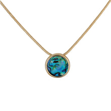 Load image into Gallery viewer, the beach and back dana point necklace is blue green abalone shell set in round gold bezel casting on gold snake chain
