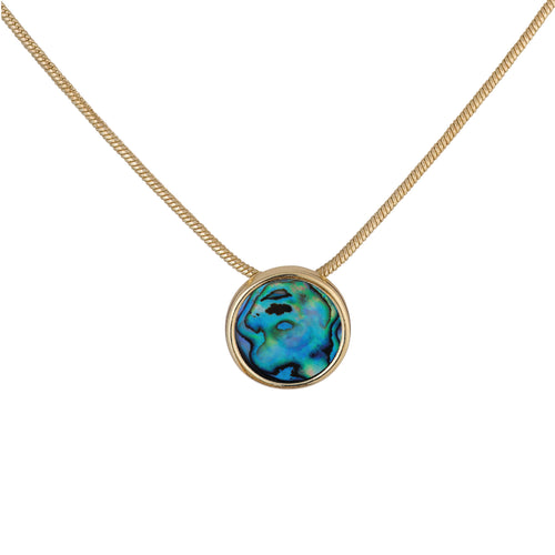 the beach and back dana point necklace is blue green abalone shell set in round gold bezel casting on gold snake chain