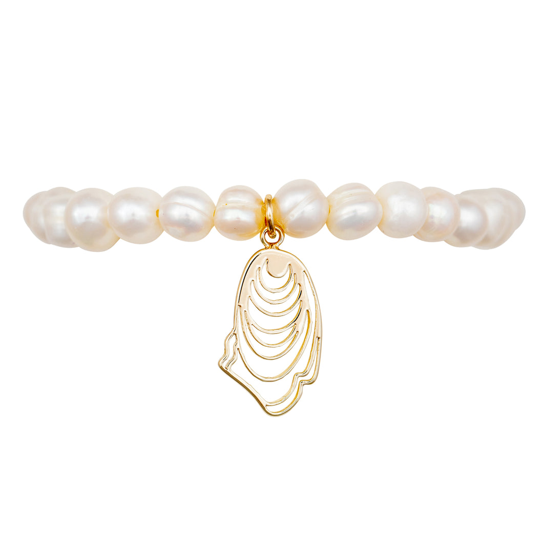 narragansett pearl and oyster stretch bracelet gold