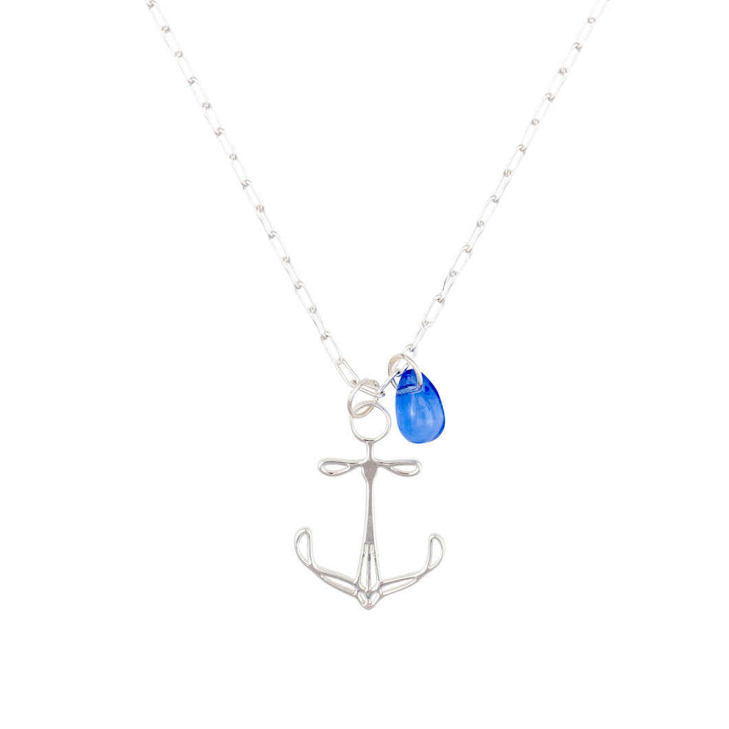 plymouth anchor long pendant necklace - silver