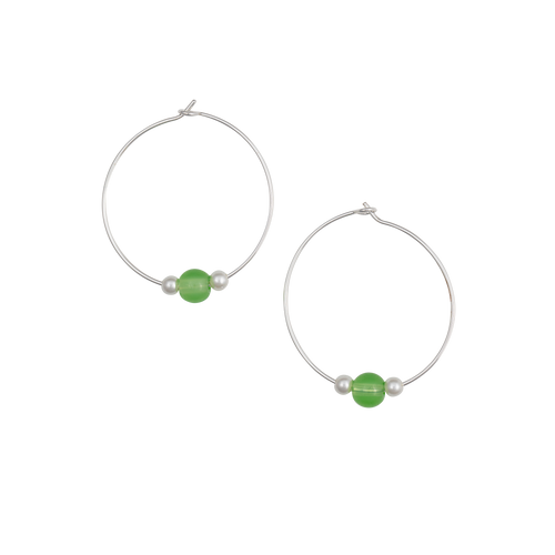 the beach and back silvertone hoop earrings with light green glass bead and glass pearl hoop earrings