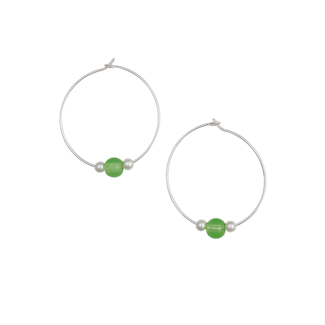 the beach and back silvertone hoop earrings with light green glass bead and glass pearl hoop earrings
