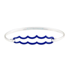 Load image into Gallery viewer, the beach and back best selling wave bangle bracelet now in marine blue double wave motif with silver bangle on white background
