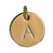 Load image into Gallery viewer, the beach and back gold disc charm with letter A
