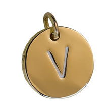 Load image into Gallery viewer, the beach and back gold disc charm with letter V
