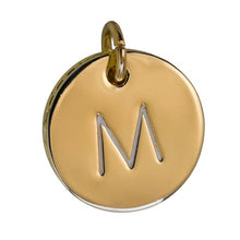 Load image into Gallery viewer, the beach and back gold disc charm with letter M
