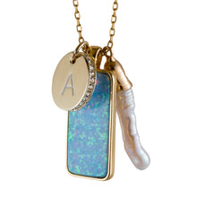 Load image into Gallery viewer, mantoloking charm necklace with blue opal pendant freshwater stick pearl and  disc charm with initial A
