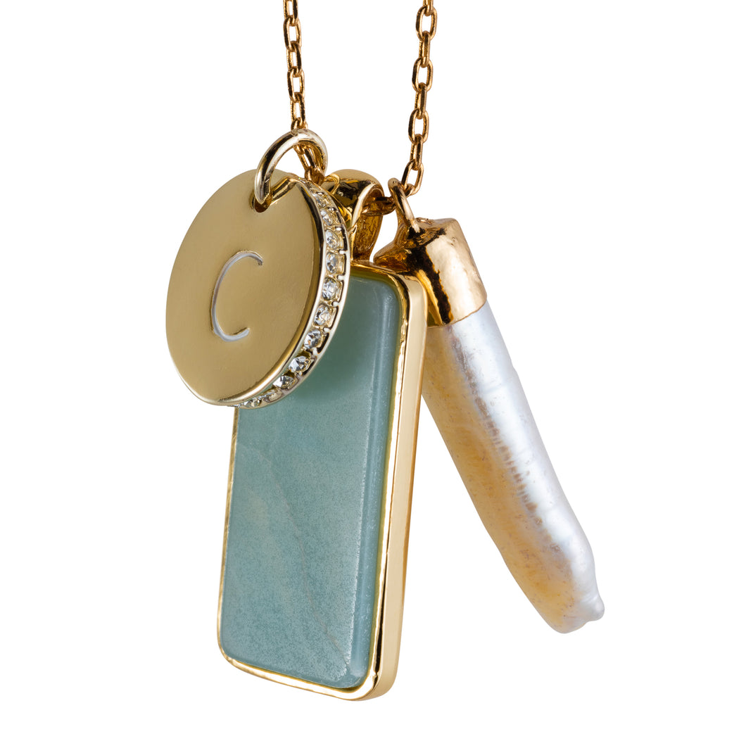 the beach and back mantoloking charm necklace with amazonite pendant and  C initial charm and freshwater stick pearl
