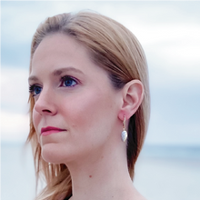 Load image into Gallery viewer, ocean springs organic shape pearl hoop drop earrings on model

