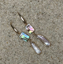 Load image into Gallery viewer, ocean springs rectangular abalone shell and organic freshwater pearl drop earrings on sand

