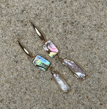 Load image into Gallery viewer, ocean springs rectangular abalone shell and organic freshwater pearl drop earrings on sand
