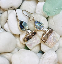 Load image into Gallery viewer, pear and square abalone and freshwater pearl double drop earrings on loop hook
