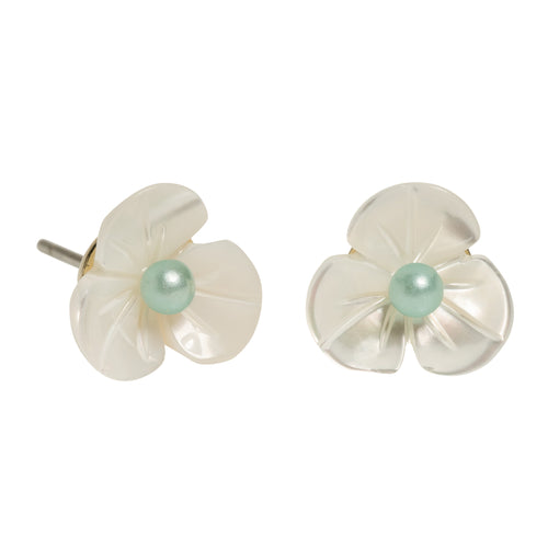 mother of pearl flower earrings with aqua pearl center, on surgical steel posts on white background