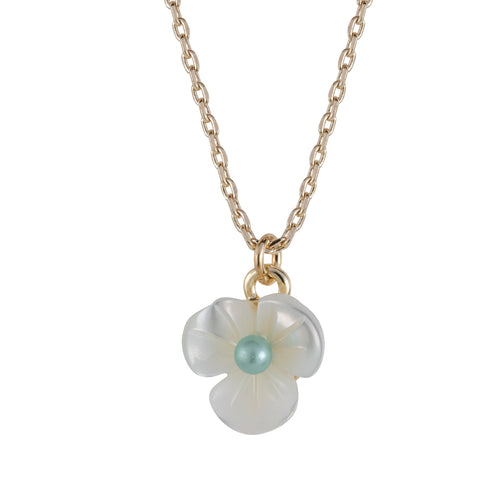 mother of pearl flower charm with aqua pearl center hanging from gold tone chain on white background necklace