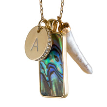 Load image into Gallery viewer, mantoloking abalone pendant long necklace with A initial charm and freshwater stick pearl on gold chain
