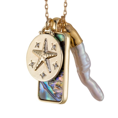 mantoloking abalone pendant long necklace with seastar charm and freshwater stick pearl on gold chain