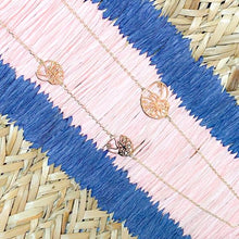 Load image into Gallery viewer, ocracoke long necklace with triple atlantic natica shells tbabnk000nk0009-gold on pink and blue basket background

