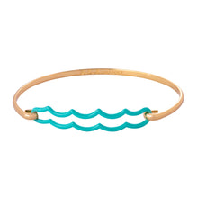 Load image into Gallery viewer, the beach and back signature aqua double wave gold bangle bracelet on white background
