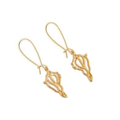 the beach and back single drop gold conch shell earrings on loop earwire shown on white background