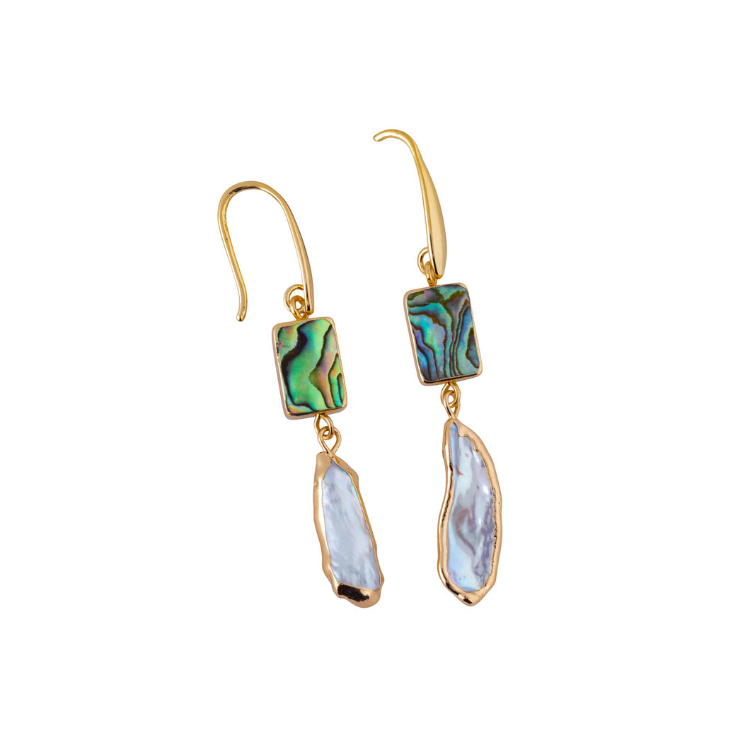 ocean springs rectangular abalone shell and organic freshwater pearl drop earrings