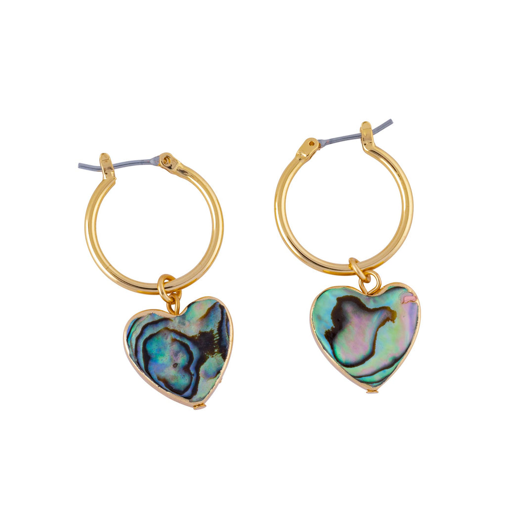 ocean springs heart shaped abalone hoop drop earrings