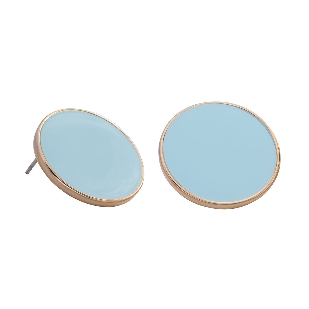 the beach and back disc button post earrings in aqua enamel set in gold bezel on white background
