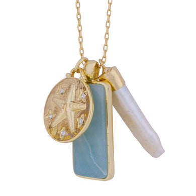 mantoloking charm necklace with amazonite pendant freshwater stick pearl and starfish charm with crystals
