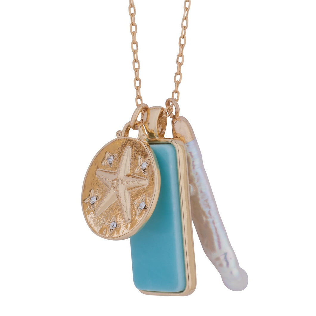 mantoloking charm necklace with semi-precious turquoise pendant freshwater stick pearl and starfish charm