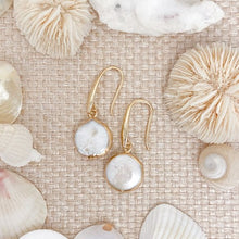 Load image into Gallery viewer, the beach and back small freshwater disc pearls on tan woven background with shells drops
